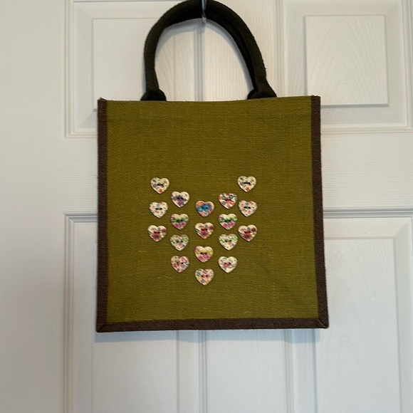 Tote bag, handmade, embellished with heart shaped buttons. - Picture 1 of 5
